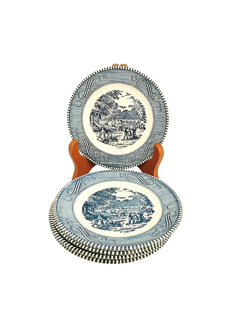5 Currier Ives Blue Harvest Dessert Plates 5.75" Royal USA transferware ironston